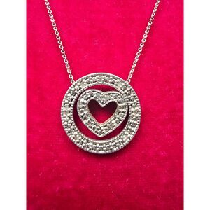 Sterling Silver & Diamond Floating Heart Necklace 925 Circle Pendant Italy Chain